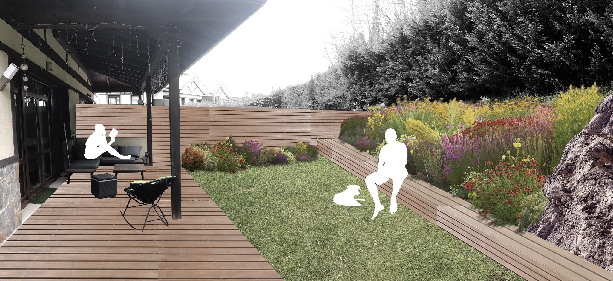 Render de diseño paisajista con terraza de madera, césped y parterre de flores junto a vivienda.